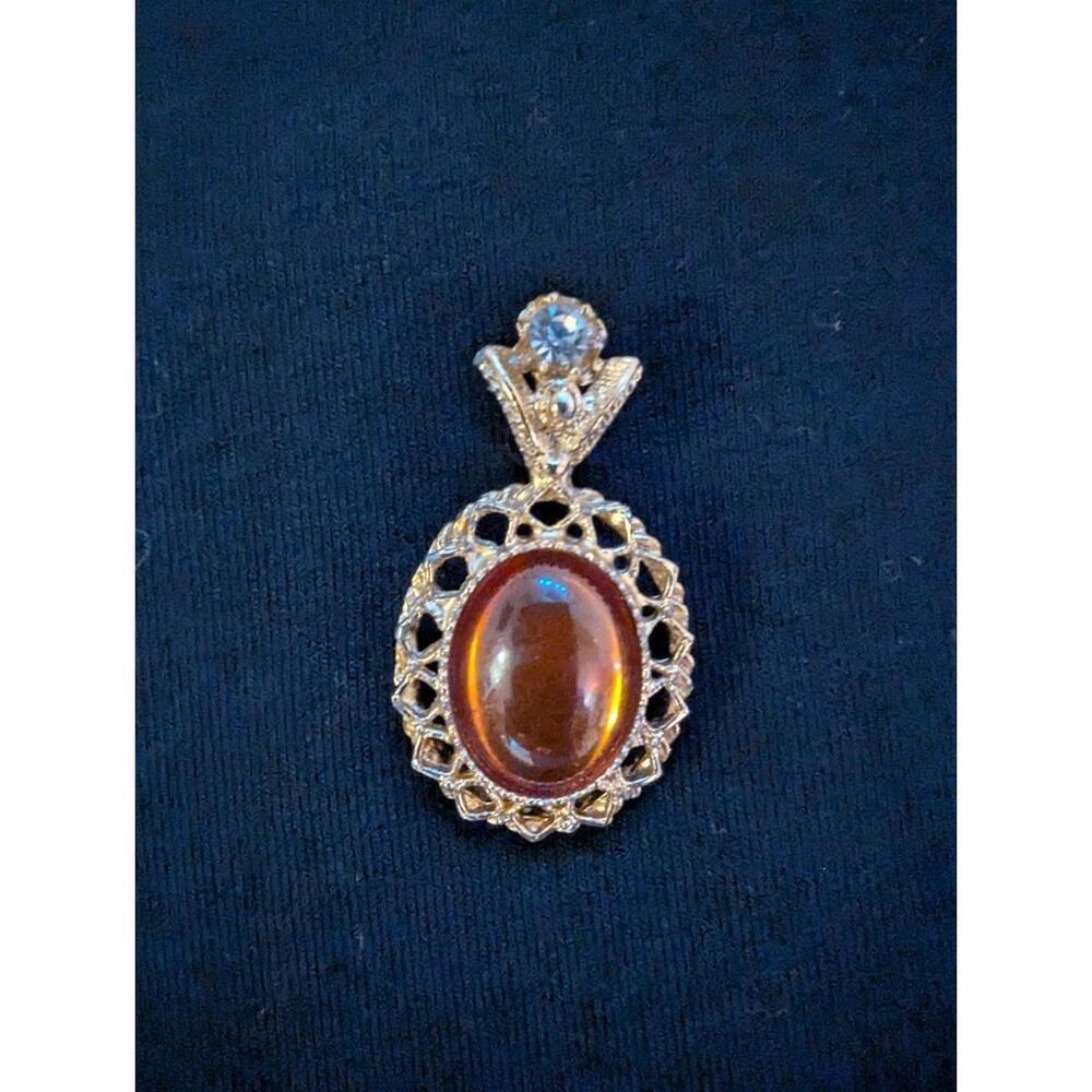 Estate Oval Orange Jelly in Open Goldtone Frame with Clear Rhinestone Pendant